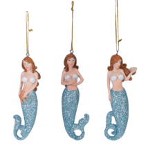 Hand Painted Resin Set Of 3 Mermaid W/ Blue Shimmery Tail Christmas Ornament - £20.46 GBP