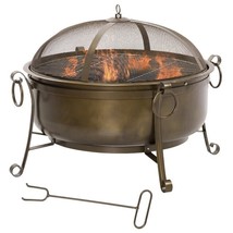 Wood Burning Fire Pit Cauldron Style Steel Bowl w/ BBQ Grill And Log Poker - £359.67 GBP