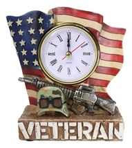 Patriotic American Veteran Fallen Soldier USA Flag Rifle Helmet Table Clock - $34.99 CAD