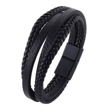 black PU Leather Braided Wrap Bracelets for Men Vintage Handmade Charm Bracelets - £10.74 GBP