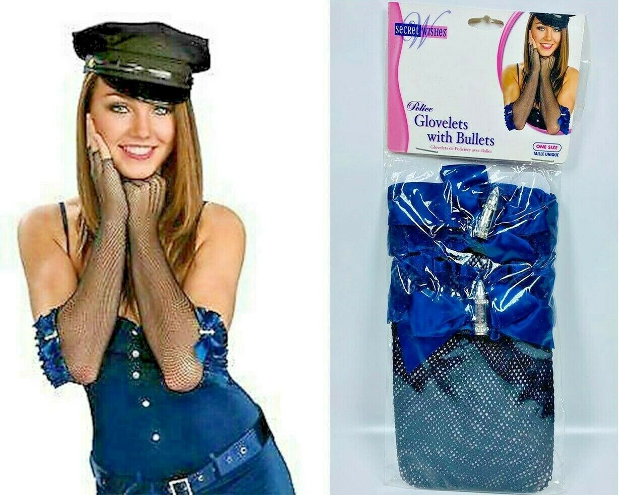Police Glovelets with Bullets, Long Black Fishnet Cop Gloves w/Bullets a... - $7.91
