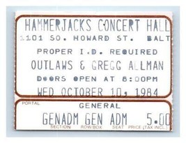 The Outlaws Gregg Allman Concert Ticket Stub Octobre 10 1984 Baltimore Maryland - £39.69 GBP