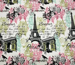 Richloom Crepe Diva Pink Eiffel Tower Paris Script Multiuse Fabric By Yard 54&quot;W - £10.06 GBP