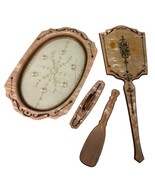 Vtg 4pc Vanity Set Beveled Pearlized Embossed Amber Dresser Tray Mirror ... - $57.98