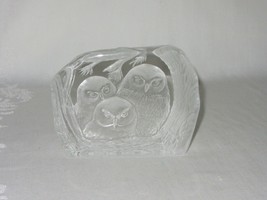 A Capredoni Signed Clear Crystal Paperweight 3 Owl Vtg Figurine Iceberg Glass - £39.55 GBP