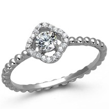 Round Solitaire Cz Halo Dainty Beaded Band 925 Sterling Silver Engagement Ring - £56.74 GBP