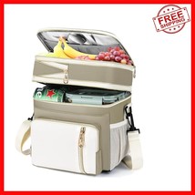 Large 16L Insulated Lunch Bag - Expandable &amp; Leak-Proof, Beige &amp; White - $38.60