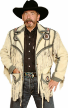 Traditional Men&#39;s American Beige Buckskin Jacket, Vintage Shaded Bead-work Coat  - $88.77+
