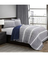 Queen Gray Navy Stripe Motif 100% Cotton Reversible Quilt Coverlet Bedsp... - $252.47 CAD