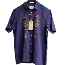 Folk Healey Shirt M Blue Embroidered Floral Linen Blend S/S Button Up Ha... - $37.38
