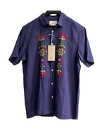 Folk Healey Shirt M Blue Embroidered Floral Linen Blend S/S Button Up Ha... - $52.57 CAD