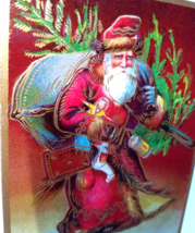 Santa Claus Postcard Old World Maroon Suit Coat X-Mas Tree Gold Trim Saint Nick - £27.03 GBP