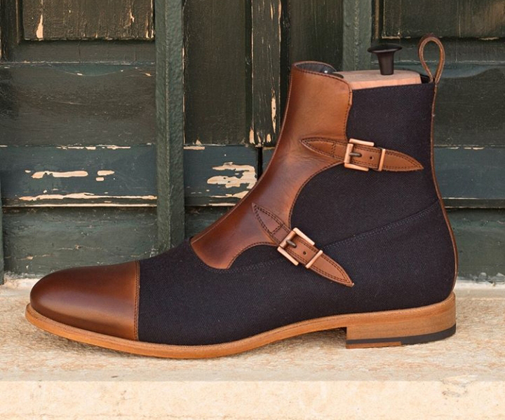 New Two Tone Magnificiant Brown Black Leather High Ankle Monk Men Buckle Strap