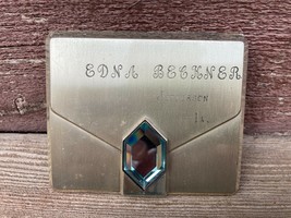 Vintage Elgin American Sterling Compact Brushed Silver Envelope W /AQUA Stone - £93.82 GBP