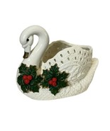Ceramic Swan Ivory Planter Holly Berry Leaves Gold Trim Christmas Handpa... - £15.73 GBP