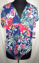 Plus Size 4X Sofia Vergara Blue Twist Front Floral Print Thong Bodysuit,... - $22.00