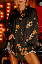 Black Cheetah Animal Print Button Up Satin Shirt - £29.26 GBP