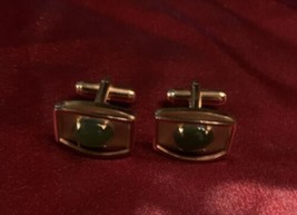 Vintage Gold-Tone Oval Cufflinks with Jade Green Stones Grandpa Core - £6.99 GBP