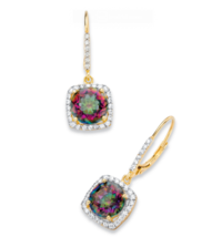 Round Mystic Fire Quartz And Cz Halo Drop Gp Earrings 14K Gold Sterling Silver - £102.80 GBP