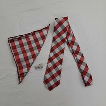Necktie Men&#39;s Tie Plaid Pocket Square Cufflinks Red Gray 3 inch - £11.68 GBP