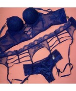 Victoria's Secret 32A,34B BOMBSHELL BRA SET CORSET TOP+garter neon BLUE Fishnet - $118.79