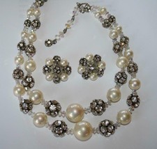 Vintage Faux Pearl Rhinestone &amp; AB Crystal Bead Necklace &amp; Clip Earrings J342 - £46.36 GBP