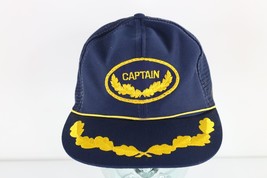 Vintage 80s Spell Out Captain Gold Leaf Roped Trucker Hat Cap Snapback Blue - £31.61 GBP