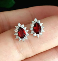 14K White Gold Plated Silver 3Ct Pear Simulated Ruby Halo Stud Women&#39;s Earrings - £87.78 GBP