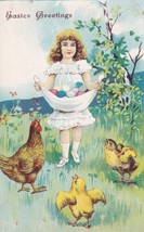 Easter Greetings Little Girl Carrying Colored Eggs Hen Chicks Postcard D45 - £2.39 GBP