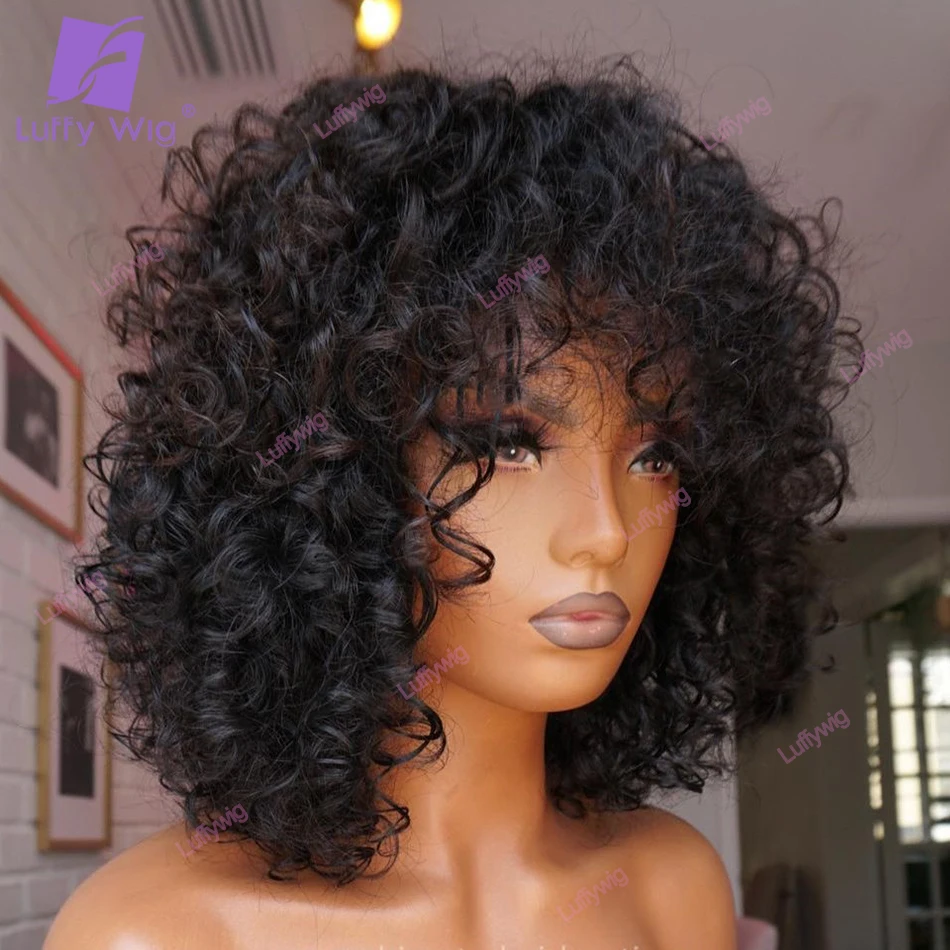Short Bouncy Curly Bob Wig Brazilian Remy Funmi Curly Human Hair Wigs With Bangs - $53.98 - $62.98