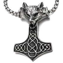 Stainless Steel Mens Thors Hammer Pendant Necklace with Wolf Irish Celtic Knot - £44.45 GBP