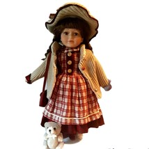 17 Inch Samantha Collection Brunette Braids Doll Prairie Dress Teddy Purse Stand - £33.56 GBP