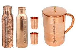 Handmade Copper Hammered Bottle Water Pitchers Jug 2 Drinking Tumbler Se... - £51.80 GBP