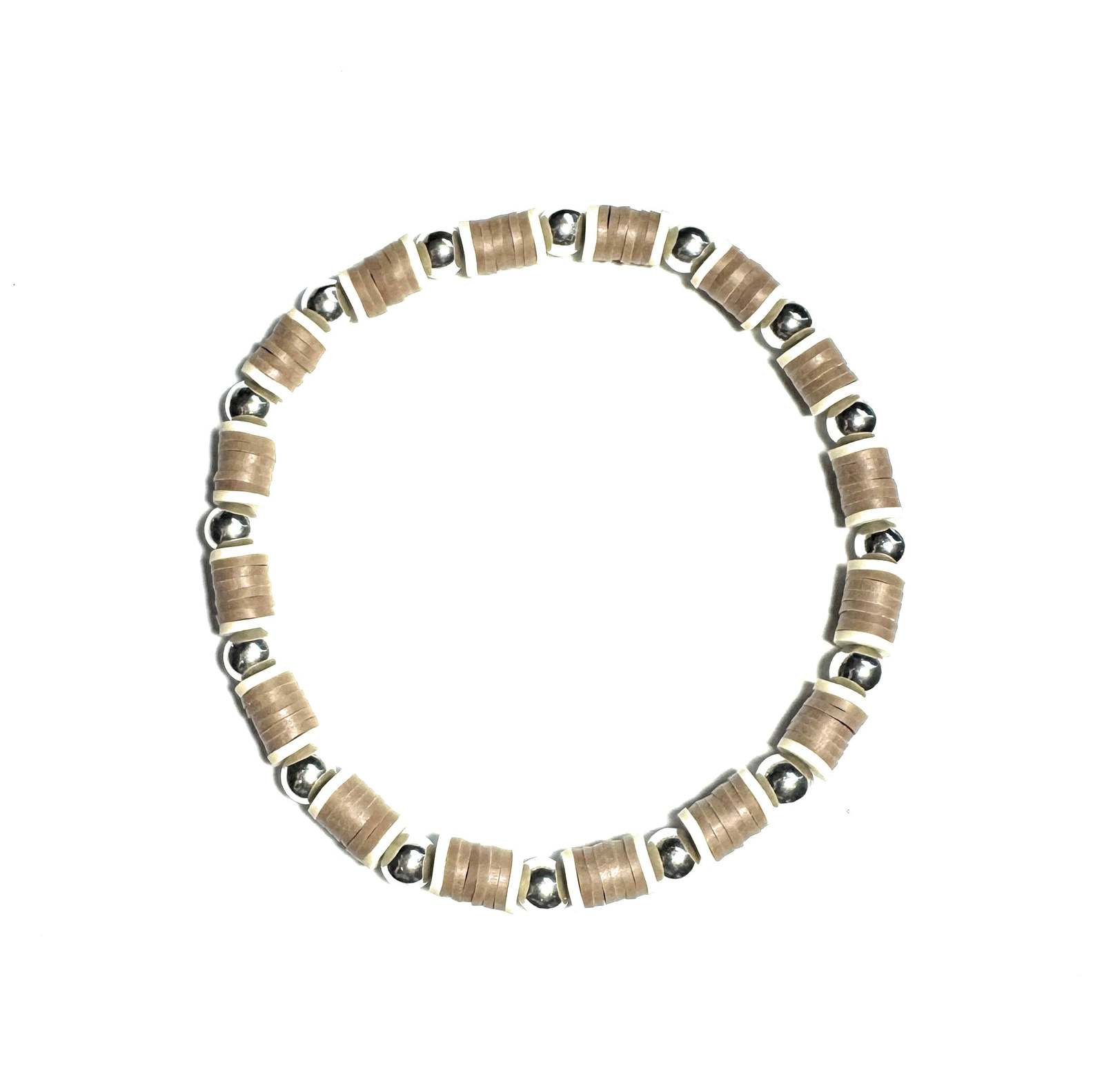 Heishi Bohemian Stretch Anklet, Tan and Silver Metallic Beads, Fashion J... - $5.99