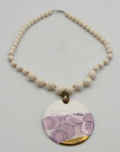 White Beaded Necklace Painted Enamel Ceramic Disc Purple Dipped Gold Pendant 13&quot; - $10.67