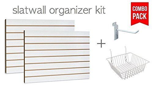 White Slatwall Panels Organizer Kit (2) 2&#39;Hx4&#39;W + (15) 6&quot; hooks &amp; 4 baskets - $148.92