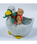 VINTAGE PORCELAIN BISQUE WHITE GOOSE &amp; TEDDY BEAR PLANTER PLAID CHRISTMA... - €8,93 EUR
