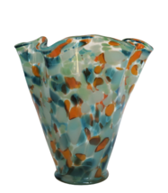 Vintage art glass huge ruffle edge blue &amp; orange mottled pattern flower vase - £79.91 GBP