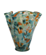 Vintage art glass huge ruffle edge blue &amp; orange mottled pattern flower ... - £78.17 GBP
