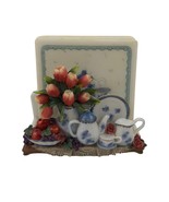 Vintage Ceramic Coaster Set Holder Floral Still Life Design Cork Backing - $15.84