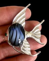 ANGEL FISH Vintage BROOCH Pin in Silver-Tone Blue Glass and Green Rhines... - £17.53 GBP