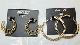 Kohls&#39; APT. 9  Hoop Earrings Gold Tone Notches &amp; Gold Tone Filigree 2 Pair New - £12.79 GBP