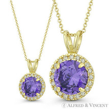 Round Cut Simulated Amethyst &amp; Cubic Zirconia CZ Halo Pendant in 14k Yellow Gold - £67.18 GBP+