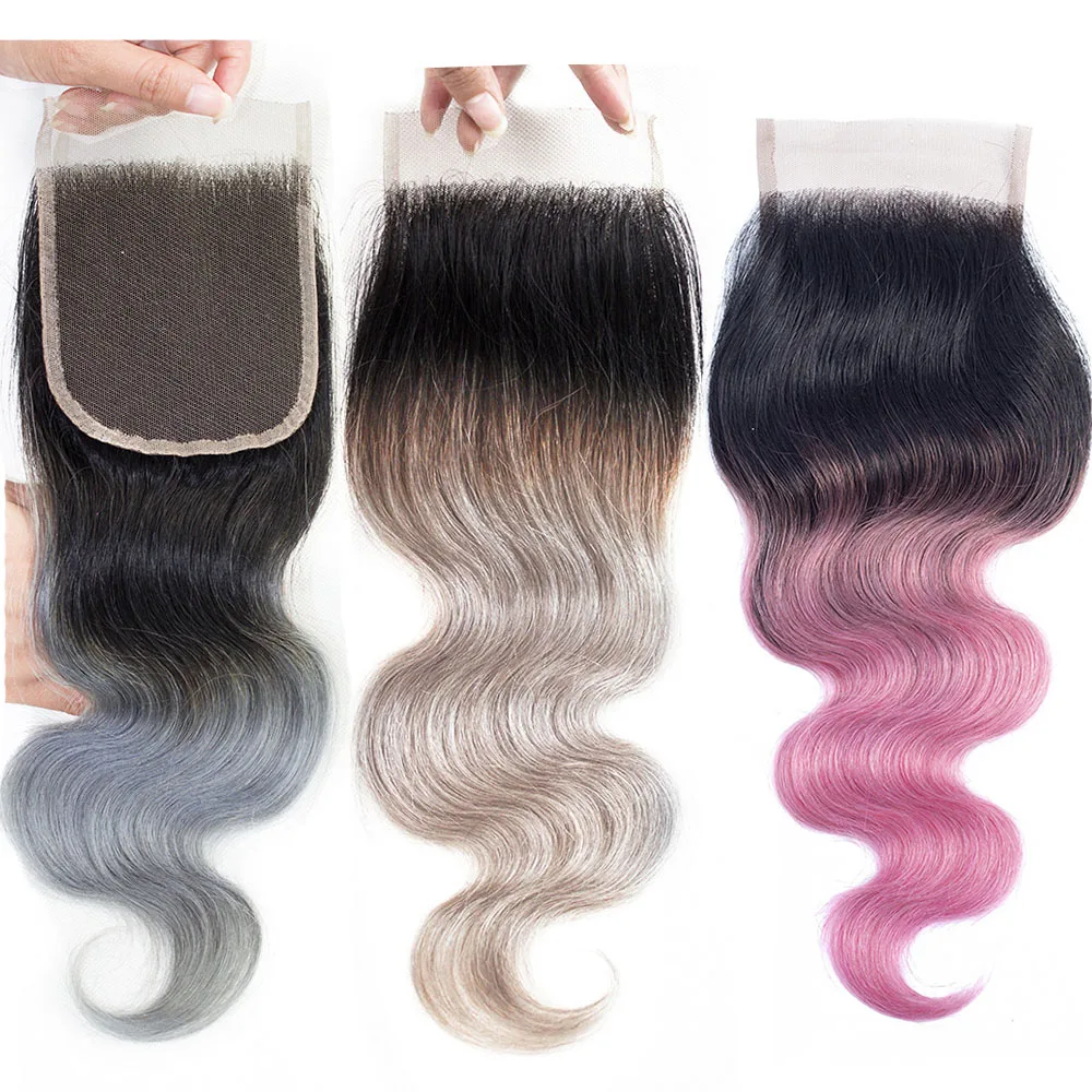 MOGUL HAIR T 1B Grey Pink 4*4 Lace Closure Ombre Human Hair Brazilian Body Wave - £74.06 GBP