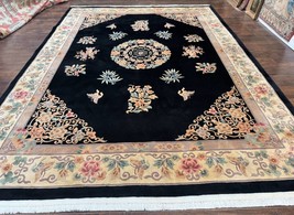Chinese Wool Rug 9x12 Carving Carpet Black Beige Butterflies Vintage 90 Line - £2,877.68 GBP