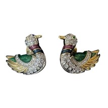 Vtg Earrings Mallard Duck Bird Jadeite Rhinestones Clip Back  1 3/8&quot; - $43.56