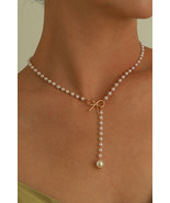 Gold Bow Charm Pearl Beaded Chain Necklace - $3.55