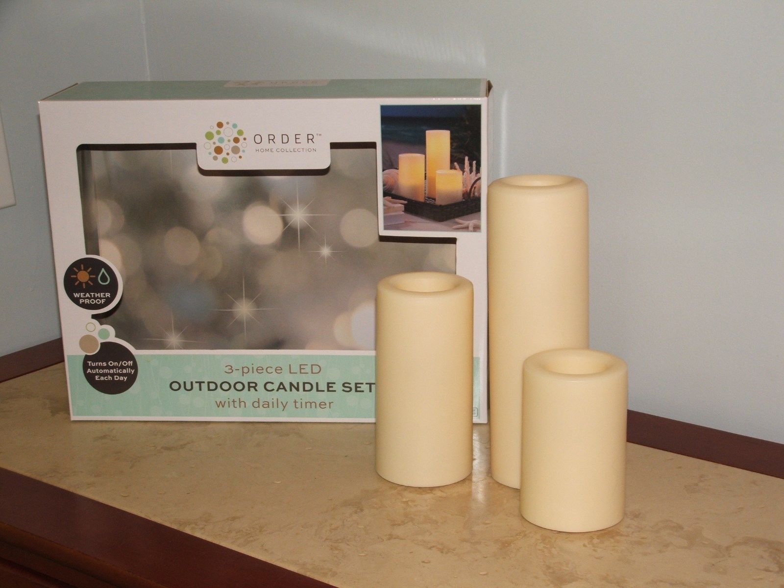 Primary image for BRAND NEW BOXED  3 pc SET  INDOOR/OUTDOOR LED Candle Set  Daily 4 hour Timer