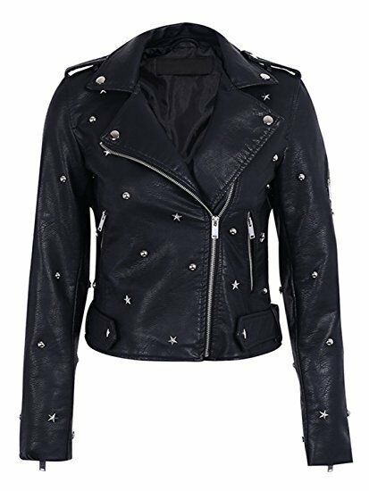 Women Black Color Biker Brando Style Genuine Leather Silver Star Studded Jacket