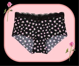 M  Black Floral No Show Lace Waist Victorias Secret PINK Boyshort Brief Panty - £8.61 GBP